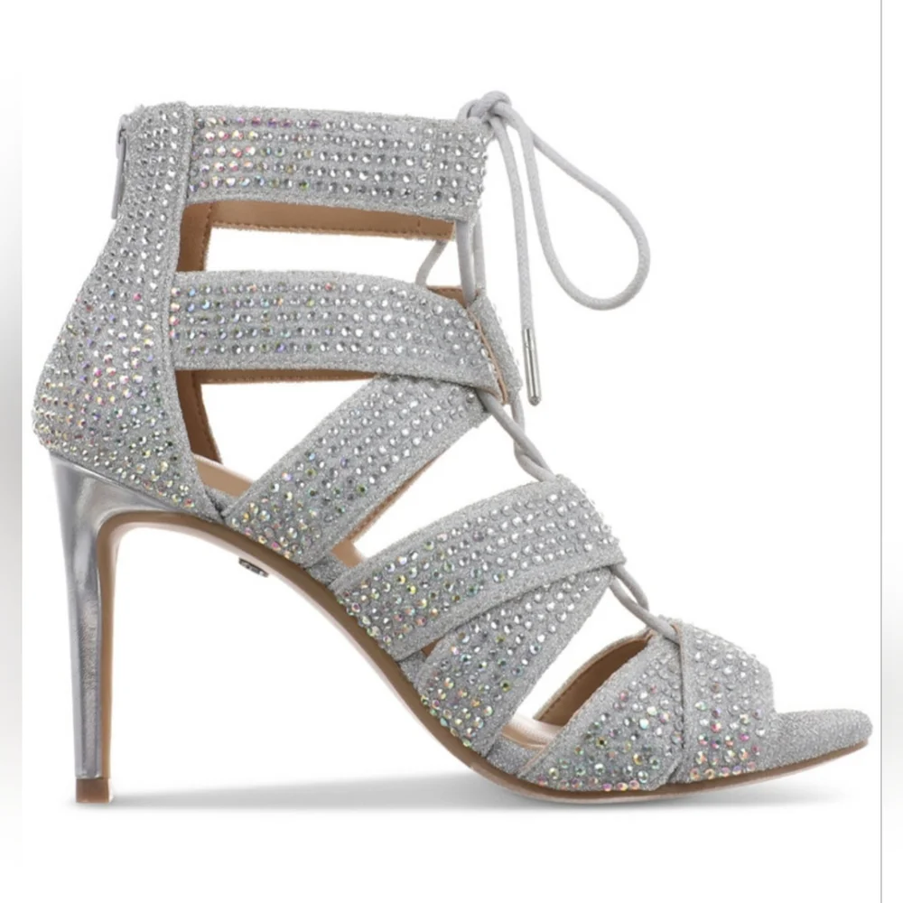 THALIA SODI WOMEN'S SANDY LACE UP STILETTO SANDALS IN SILVER  SIZE 7.5 & 8 NIB